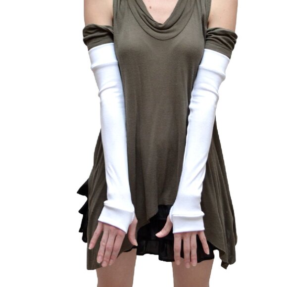 Long Cotton Fingerless Gloves White Arm Warmers Winter Thumb Holes Warm Ladies - Picture 2 of 3